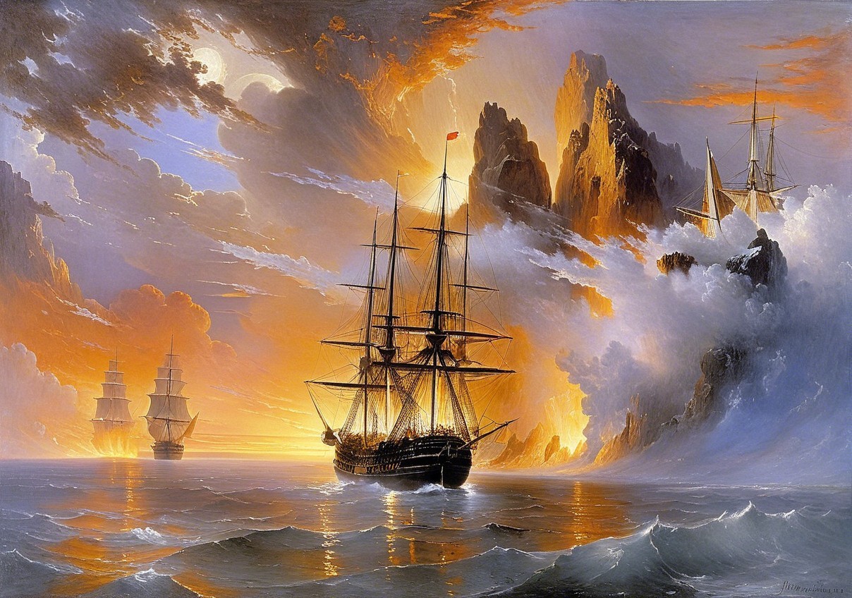 Seascape with Sailing Ships and Vibrant Sunset