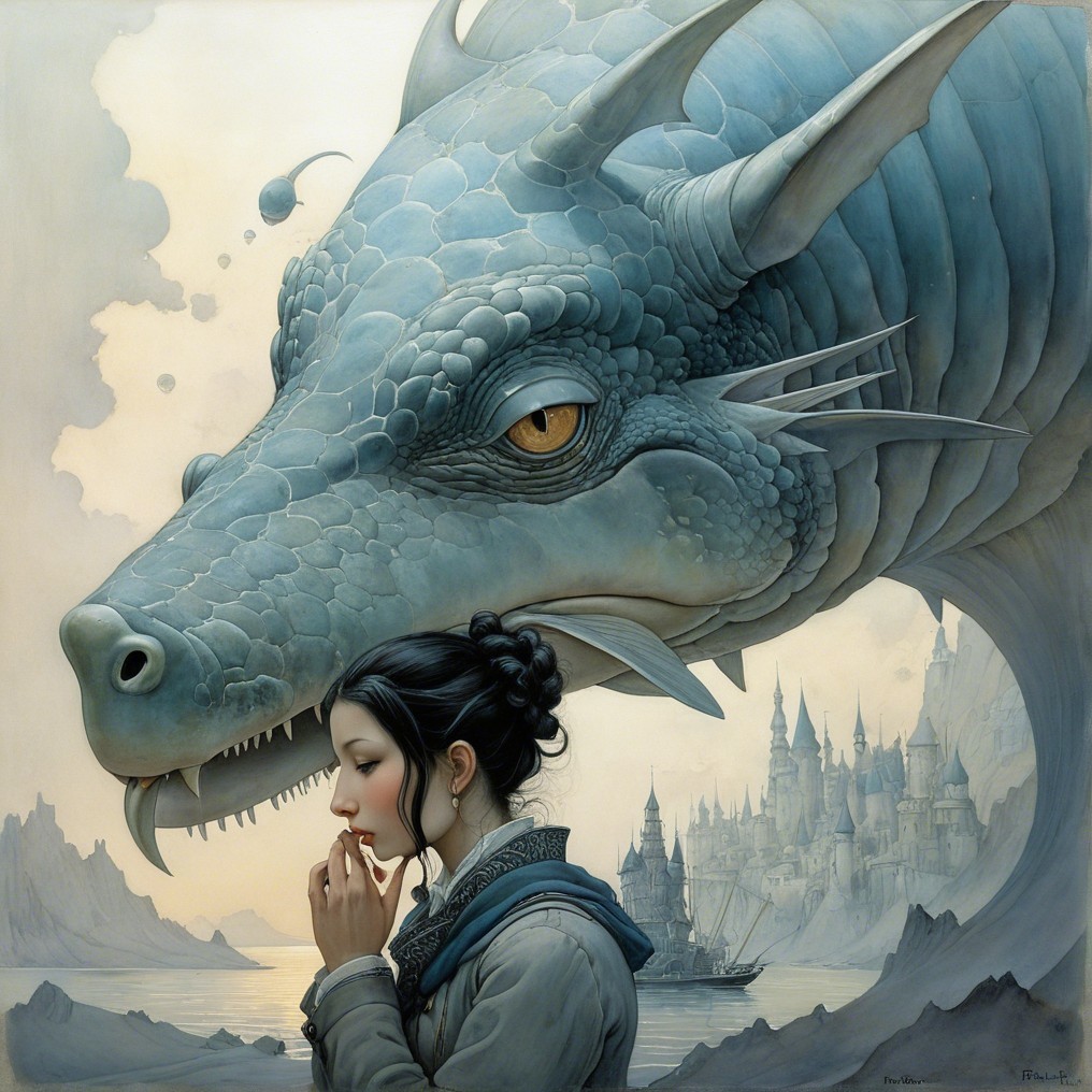 Surreal Landscape with Woman and Majestic Dragon