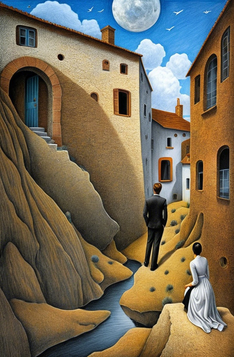 Surreal Landscape with Figures by Stream and Houses