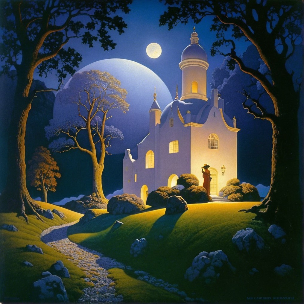 Dreamlike Landscape with Whimsical Moonlit Cottage