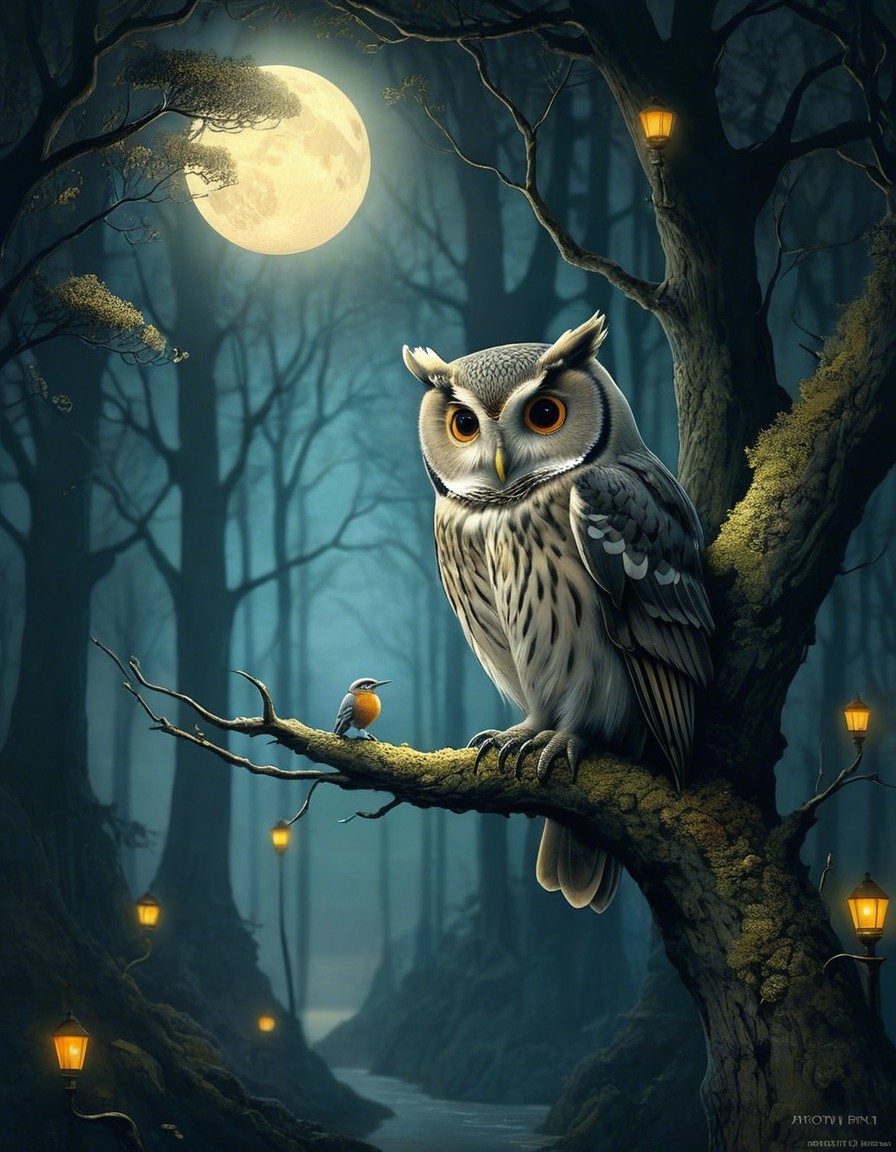 Majestic Owl in Mystical Moonlit Forest Setting