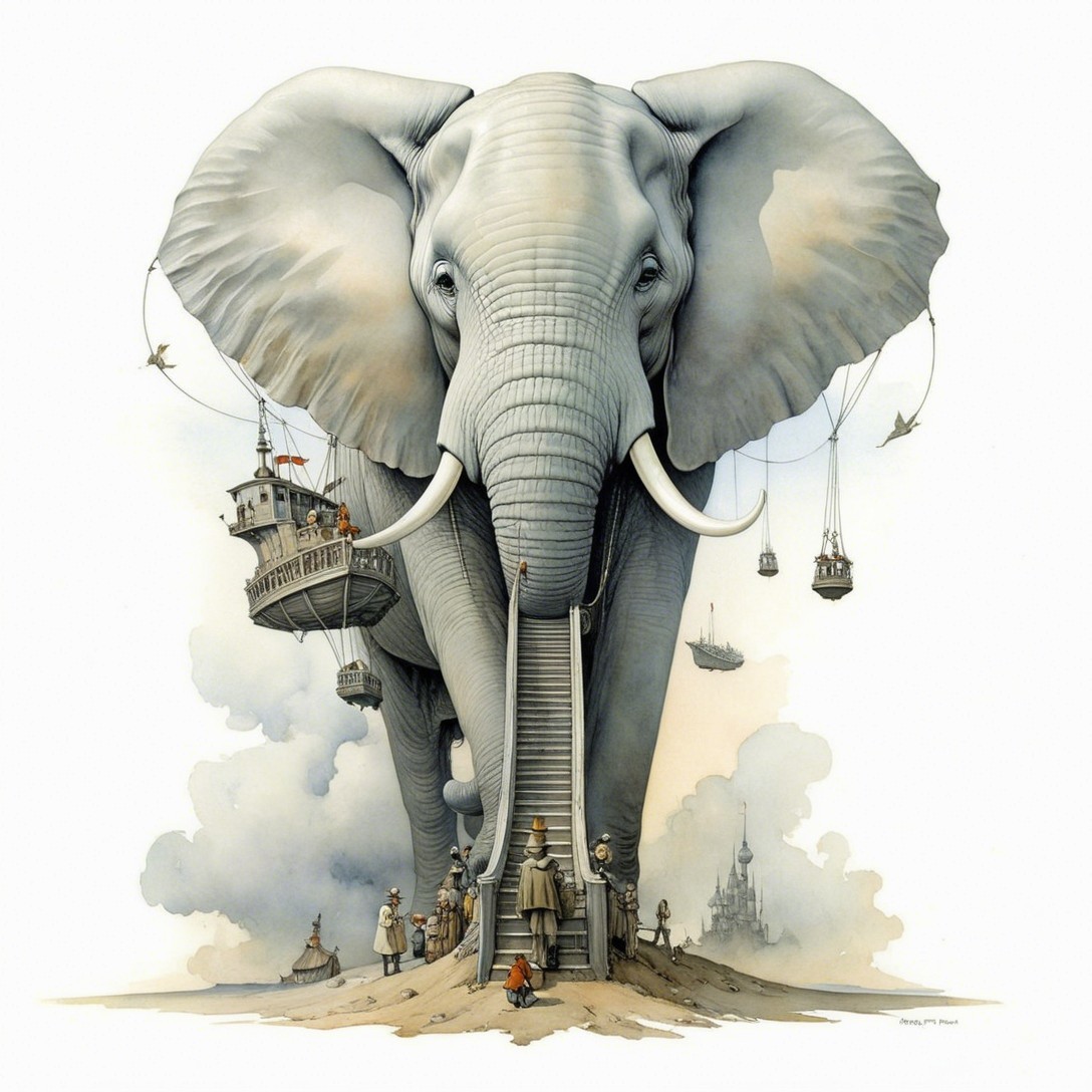 Watercolor Painting of Elephant with Staircase and Figures