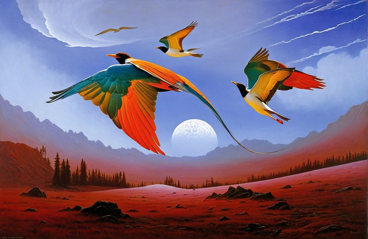 Vibrant Landscape with Birds and Majestic Moon