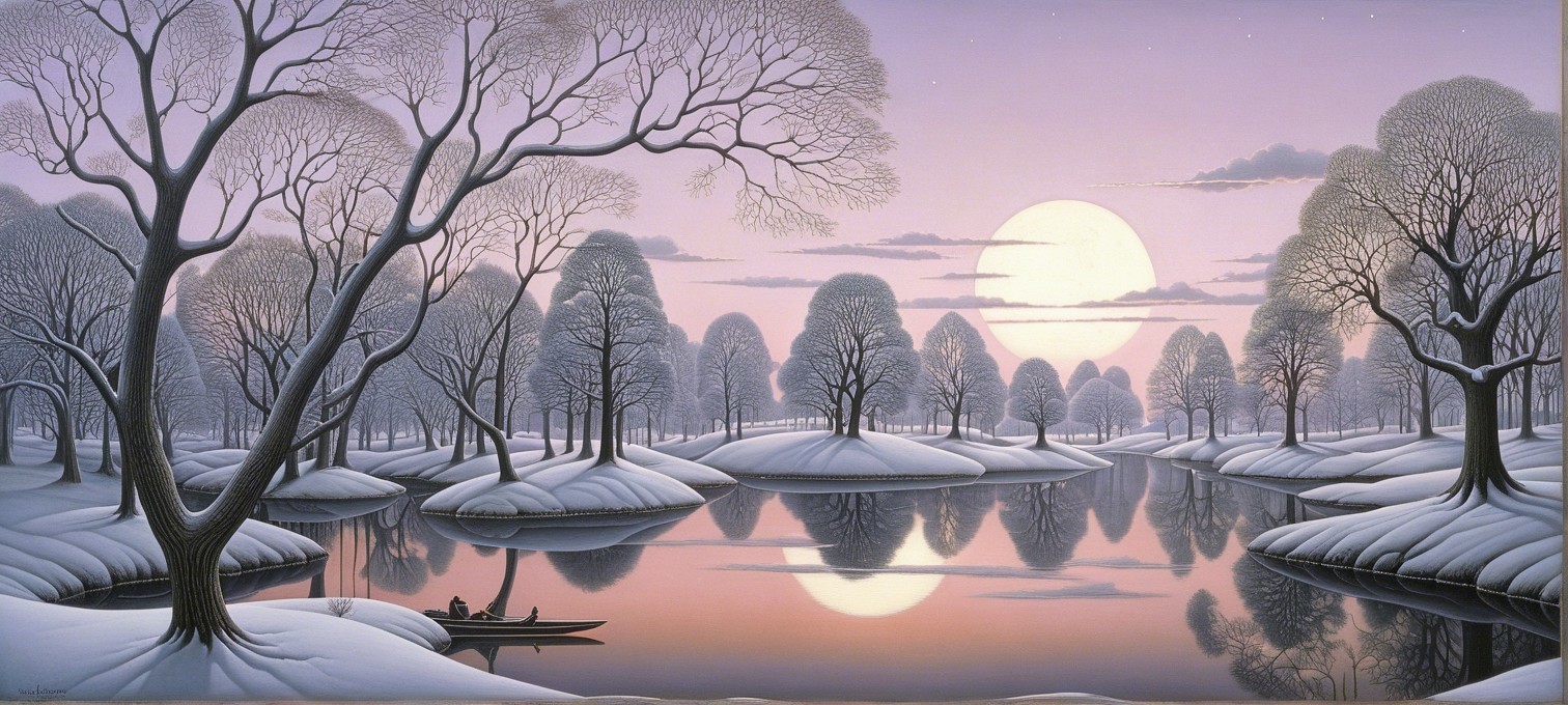 Tranquil Winter Lake Scene at Dusk with Moonlight