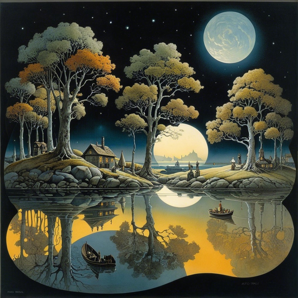 Serene Nighttime Landscape with Full Moon Reflection