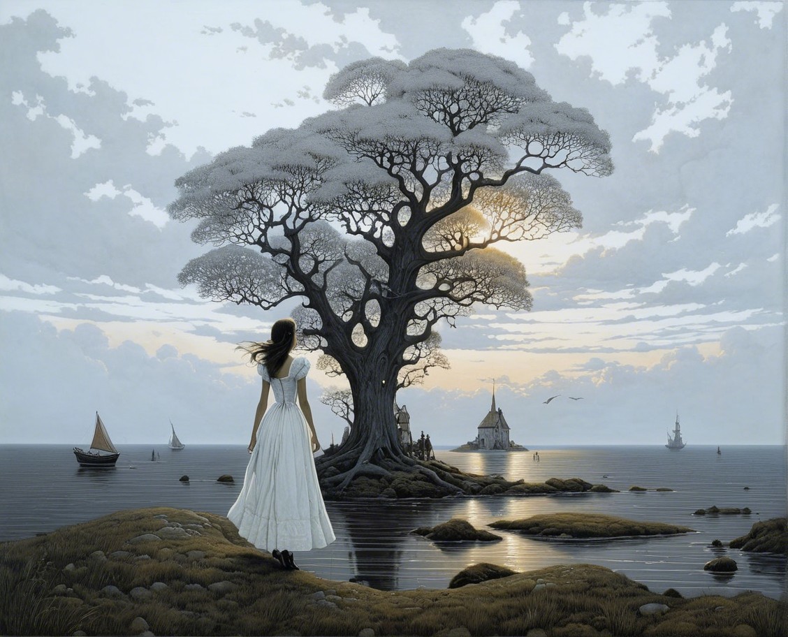 Serene Landscape with Woman and Majestic Tree