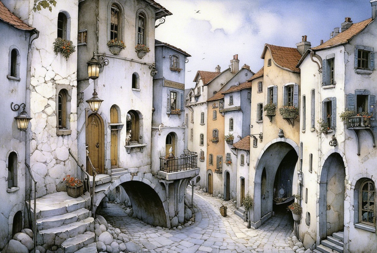 Charming Narrow Street with Colorful Stone Houses