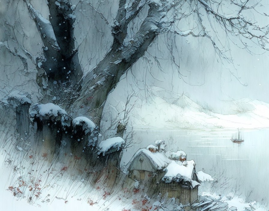 Winter scene: boat on river, snow-covered trees, cottage, cloudy sky.