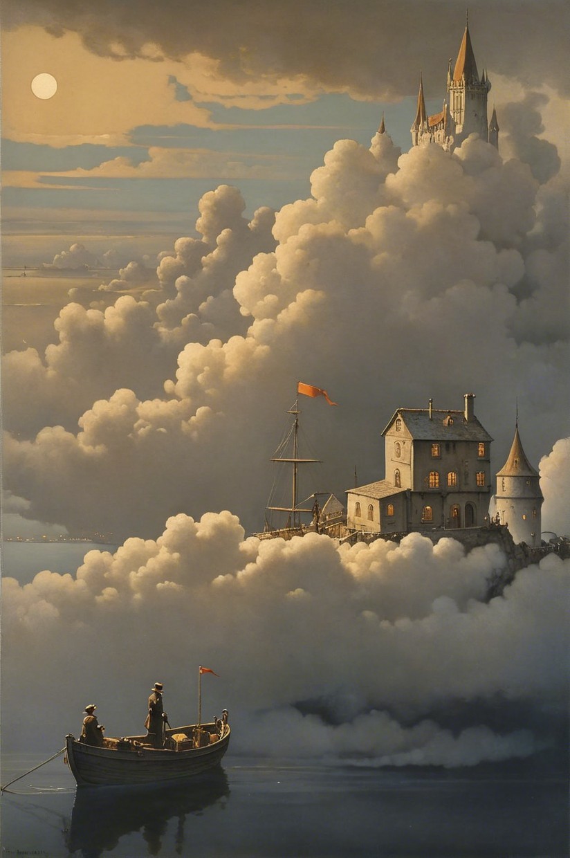 Moonlit Boat Journey Through Misty Waters and Clouds