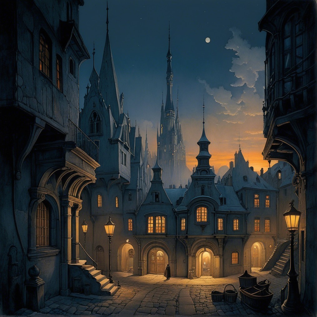 Twilight Scene of a Medieval Town with Castle