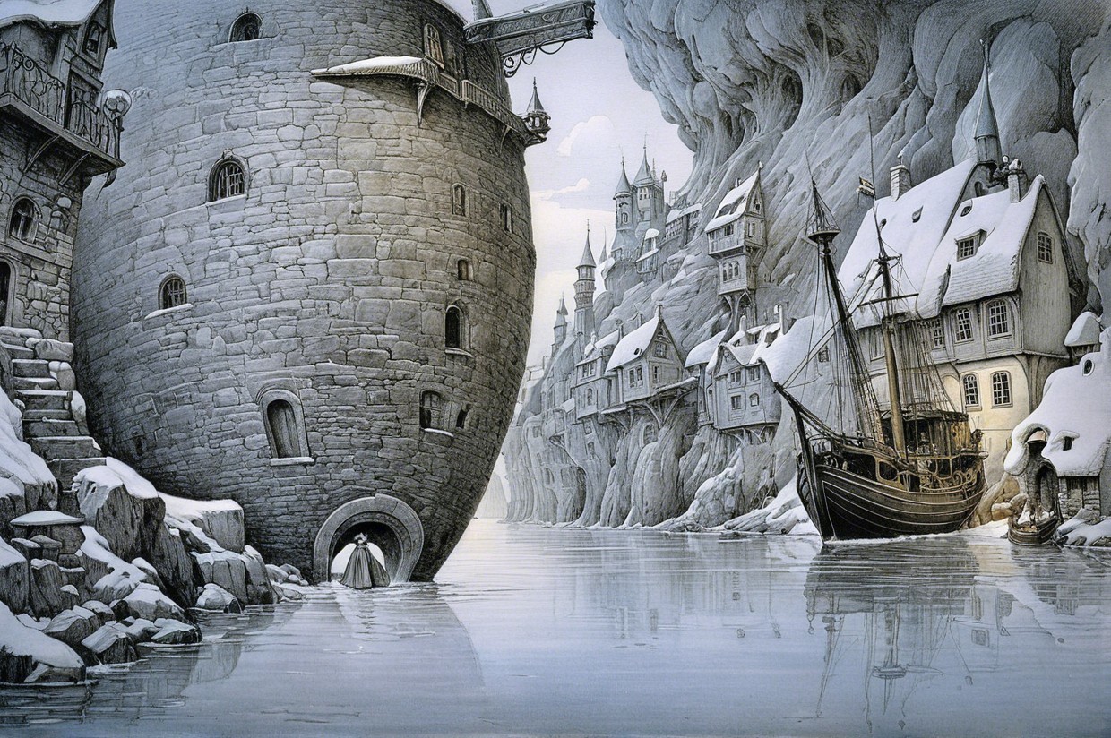 Whimsical Snowy Landscape with Stone Tower and River