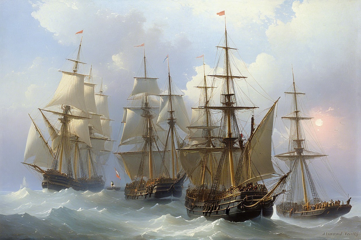 Serene Maritime Scene with Four Sailing Ships