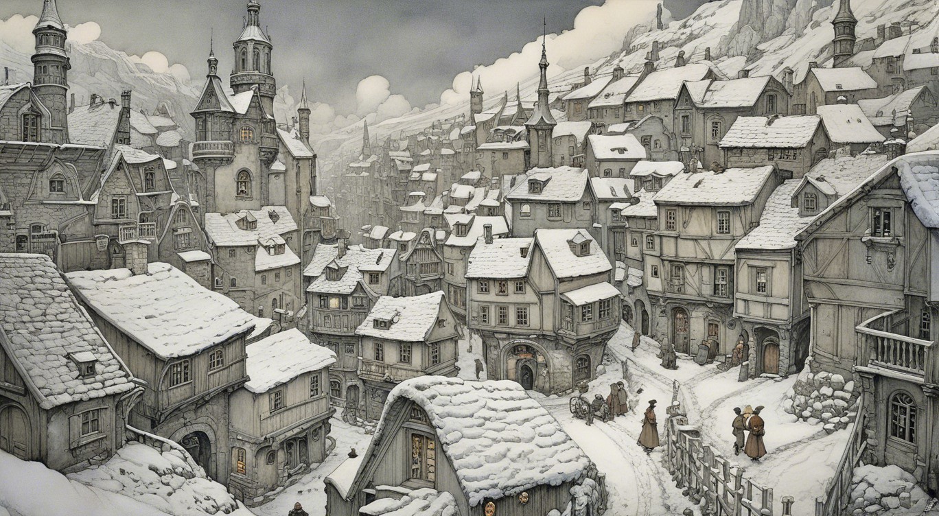 Snow-Covered Village in a Mountainous Landscape