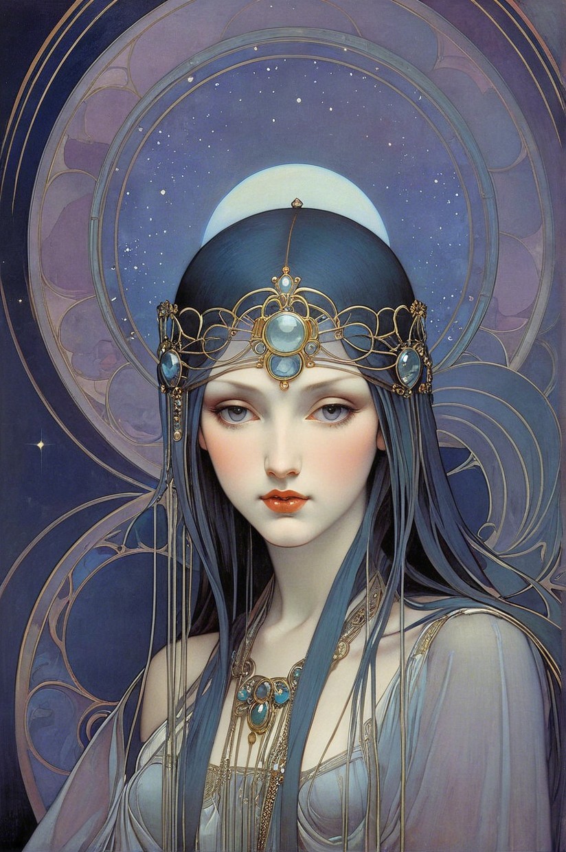 Portrait of a woman with dark hair and jeweled headpiece