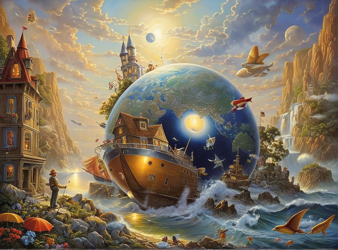 Vibrant Landscape with Ship and Monumental Globe