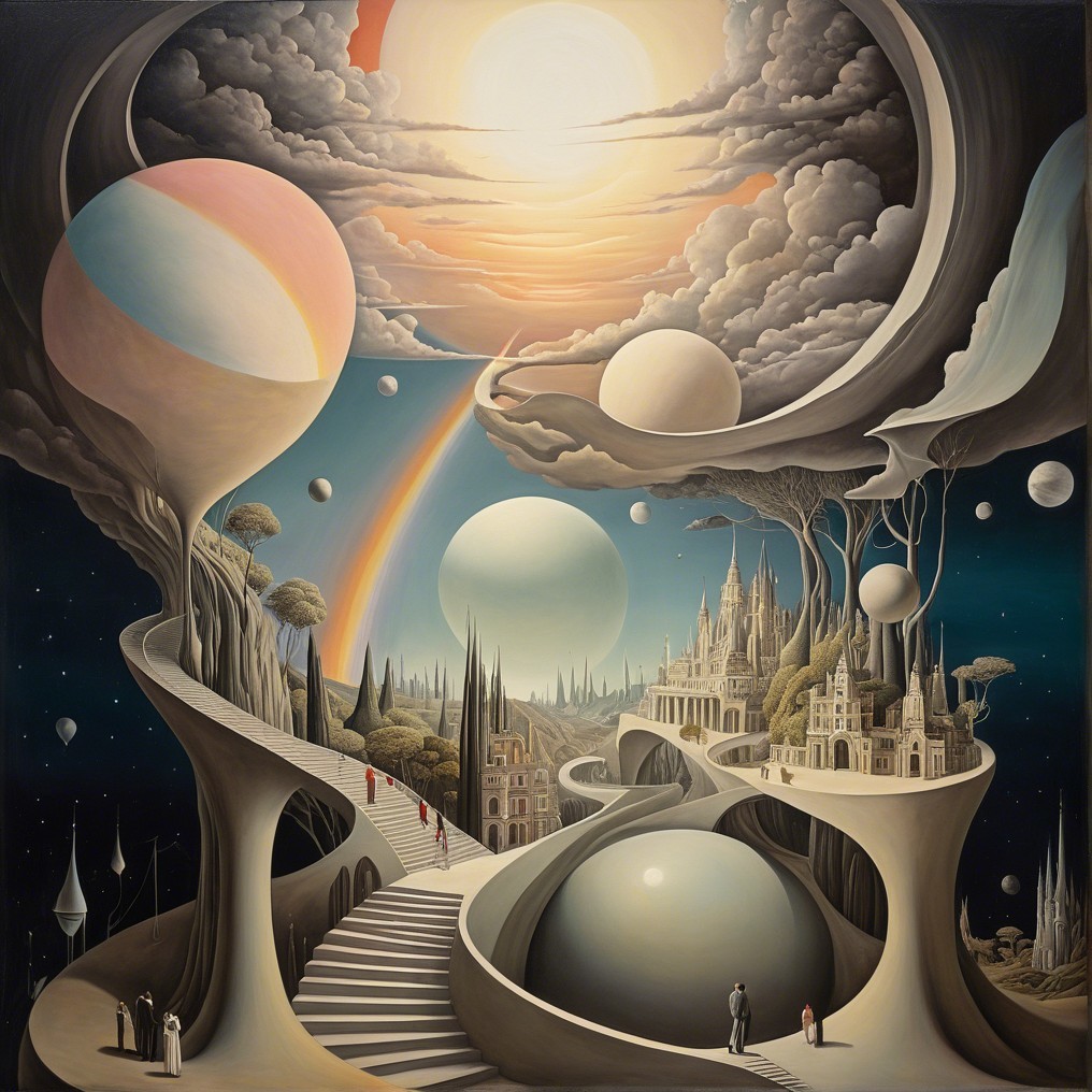 Surreal Landscape with Staircases and Fantastical Cities
