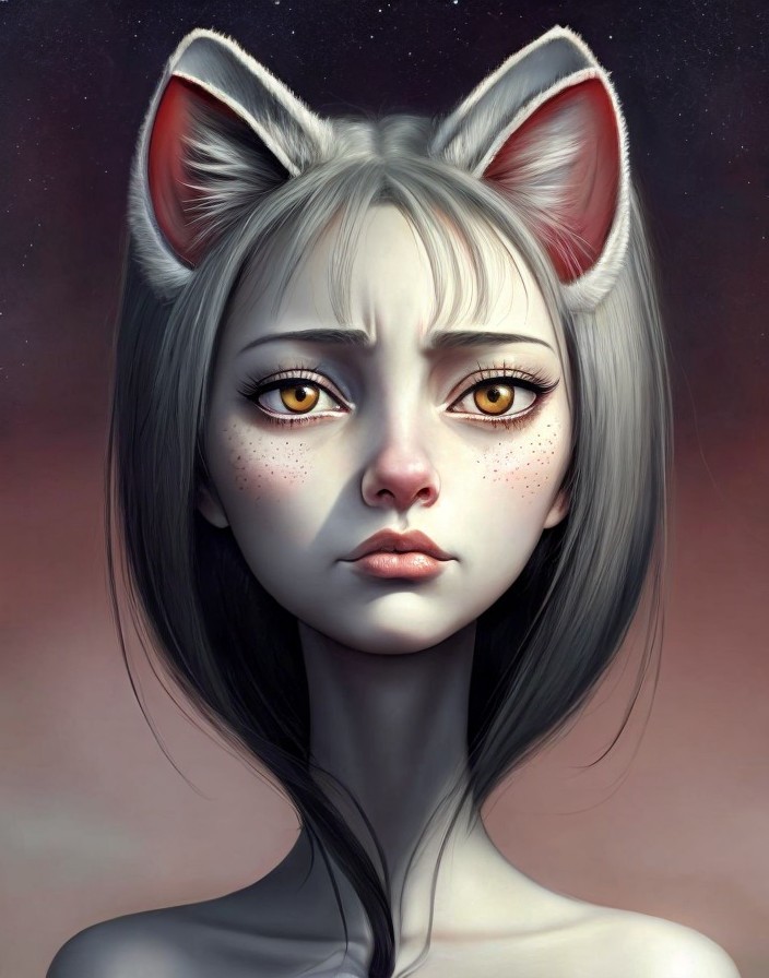 Young woman with cat ears and amber eyes in digital artwork