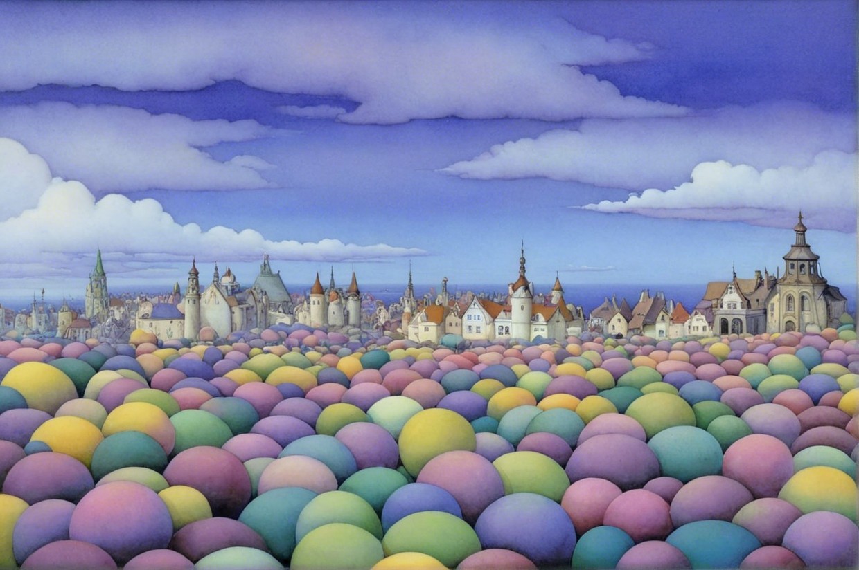 Whimsical Landscape with Colorful Pastel Spheres