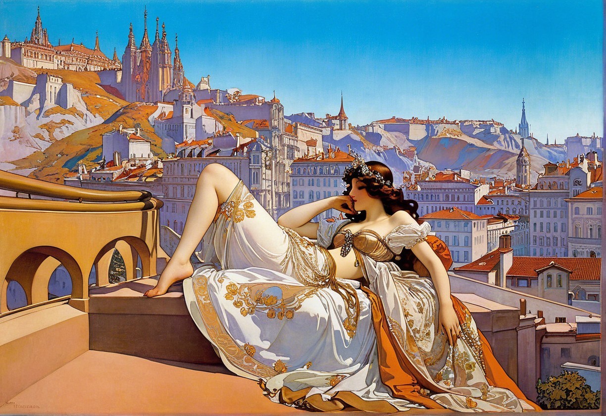 Elegant Woman in White Dress on Scenic Terrace