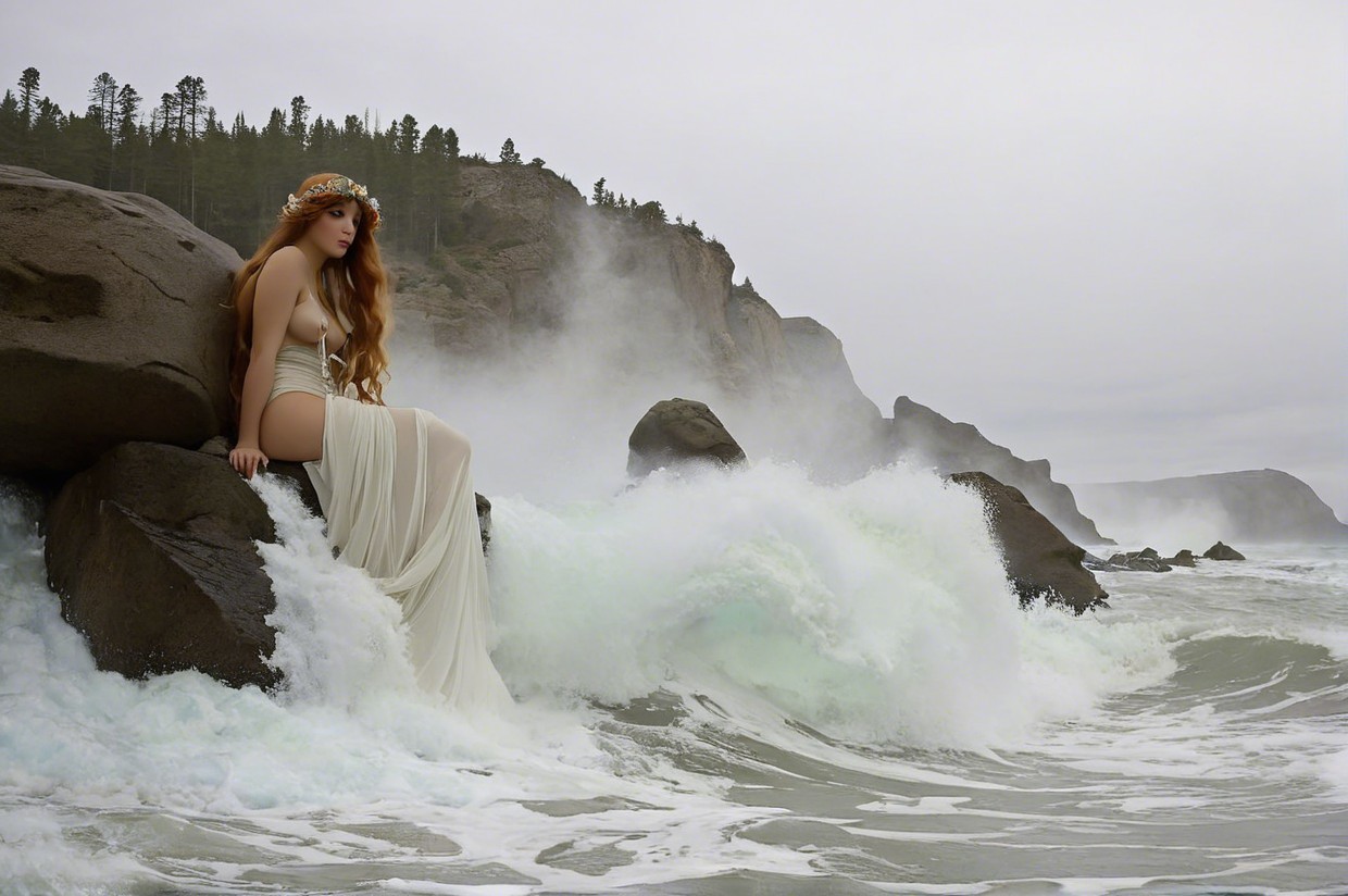 Woman in Elegant Dress by Rugged Ocean Rocks