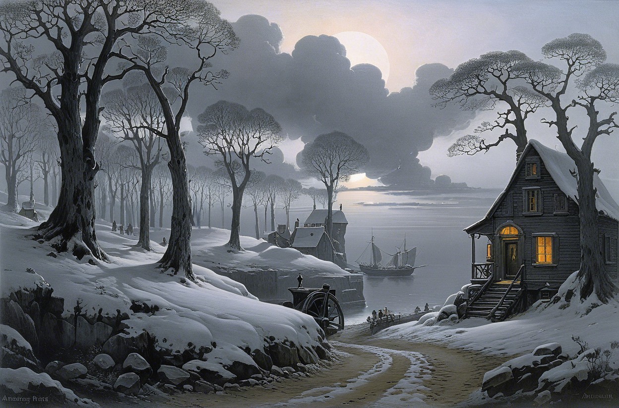 Winter Landscape with Moonlit Village and Harbor