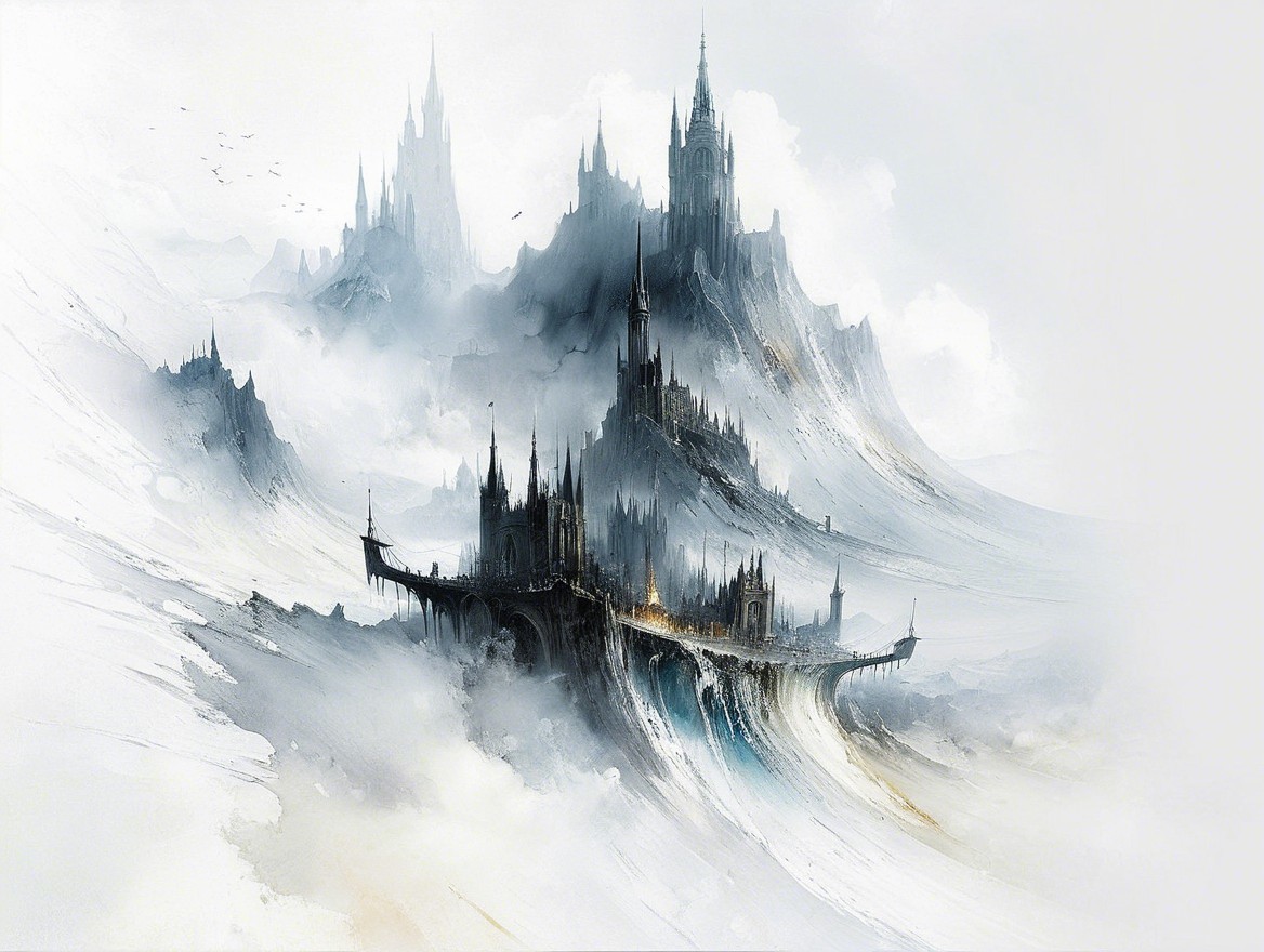 Majestic castle in a mystical foggy landscape