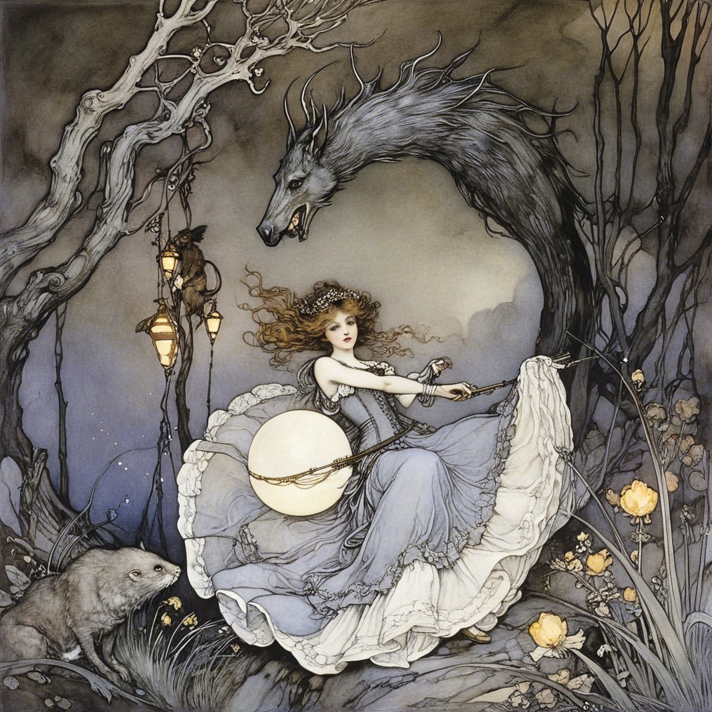 Enchanting Scene of Woman with Moon Orb and Creature