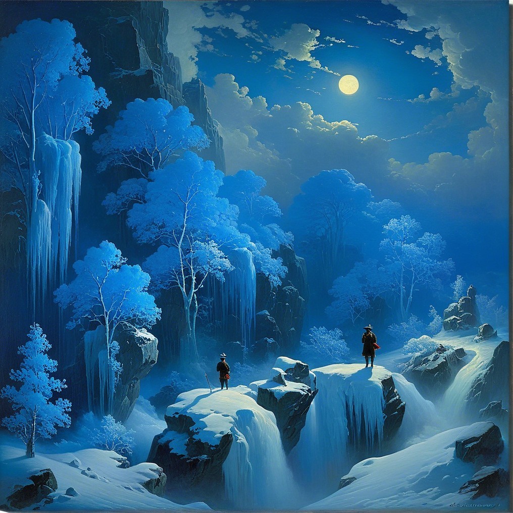 Moonlit Winter Landscape with Frozen Waterfall