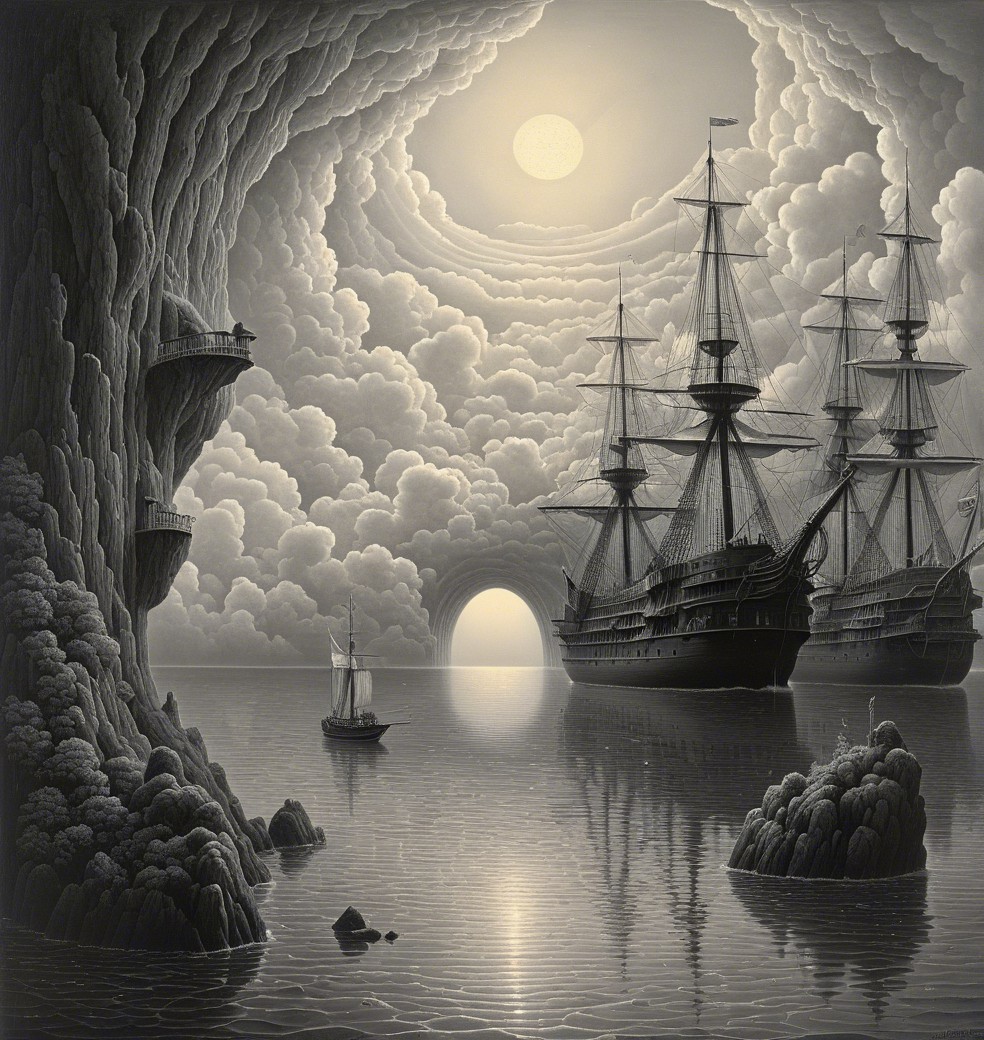 Surreal Seascape with Cliffs and Majestic Ships