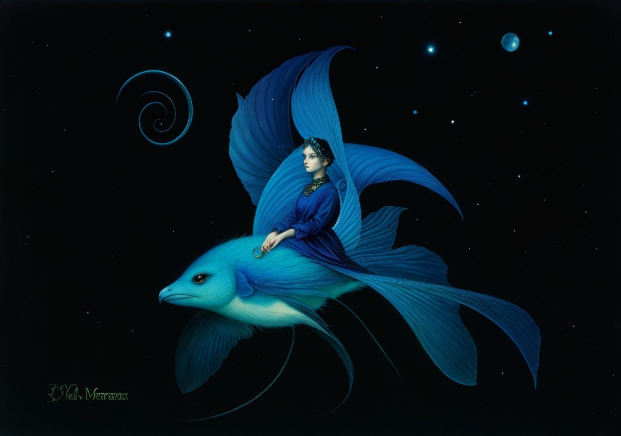 Surreal Night Sky with Woman Riding a Blue Fish