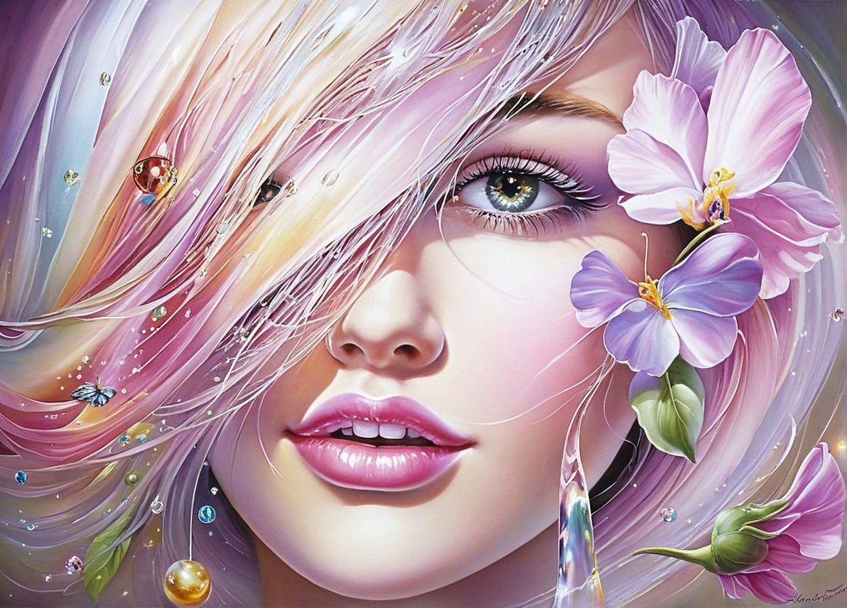 Ethereal Portrait of a Woman with Pastel Hair and Flowers