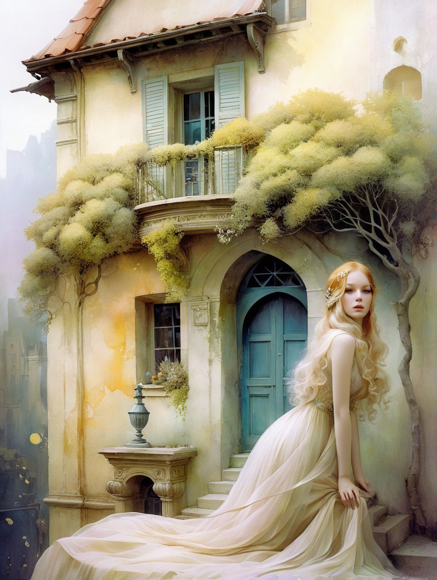 Whimsical Pastel Scene of a Young Woman Outdoors