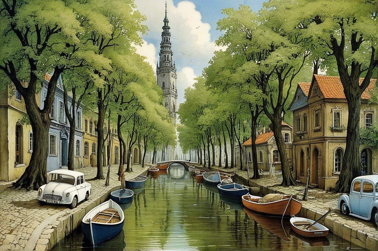 Charming Canal Scene with Boats and Lush Banks