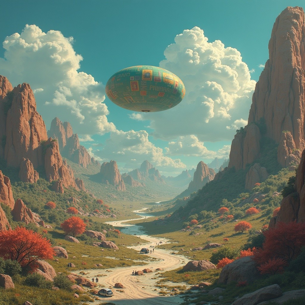 Serene Valley with Red Rock Formations and Airship