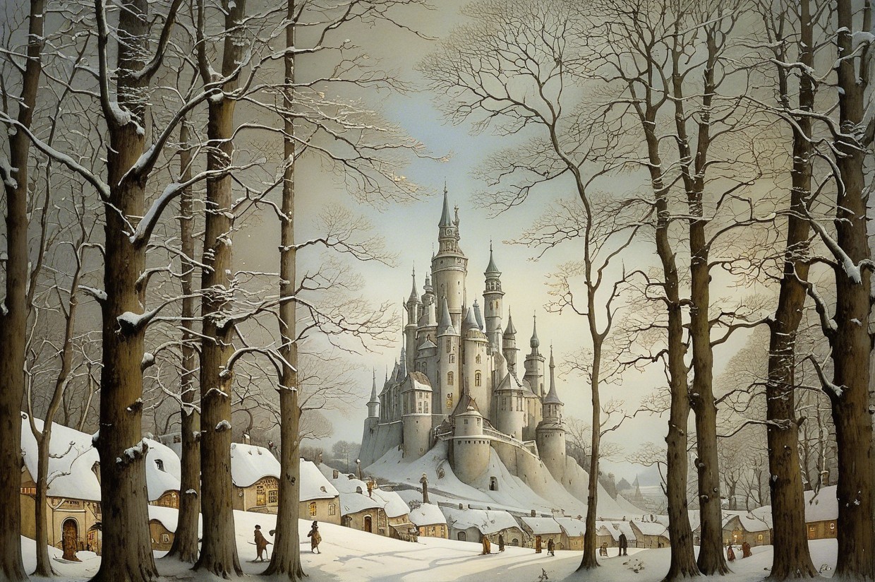 Winter Castle Landscape with Snowy Cottages and Trees