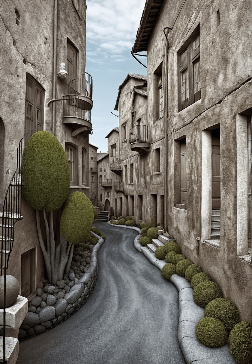 Narrow Winding Street in Rustic Village with Stone Buildings