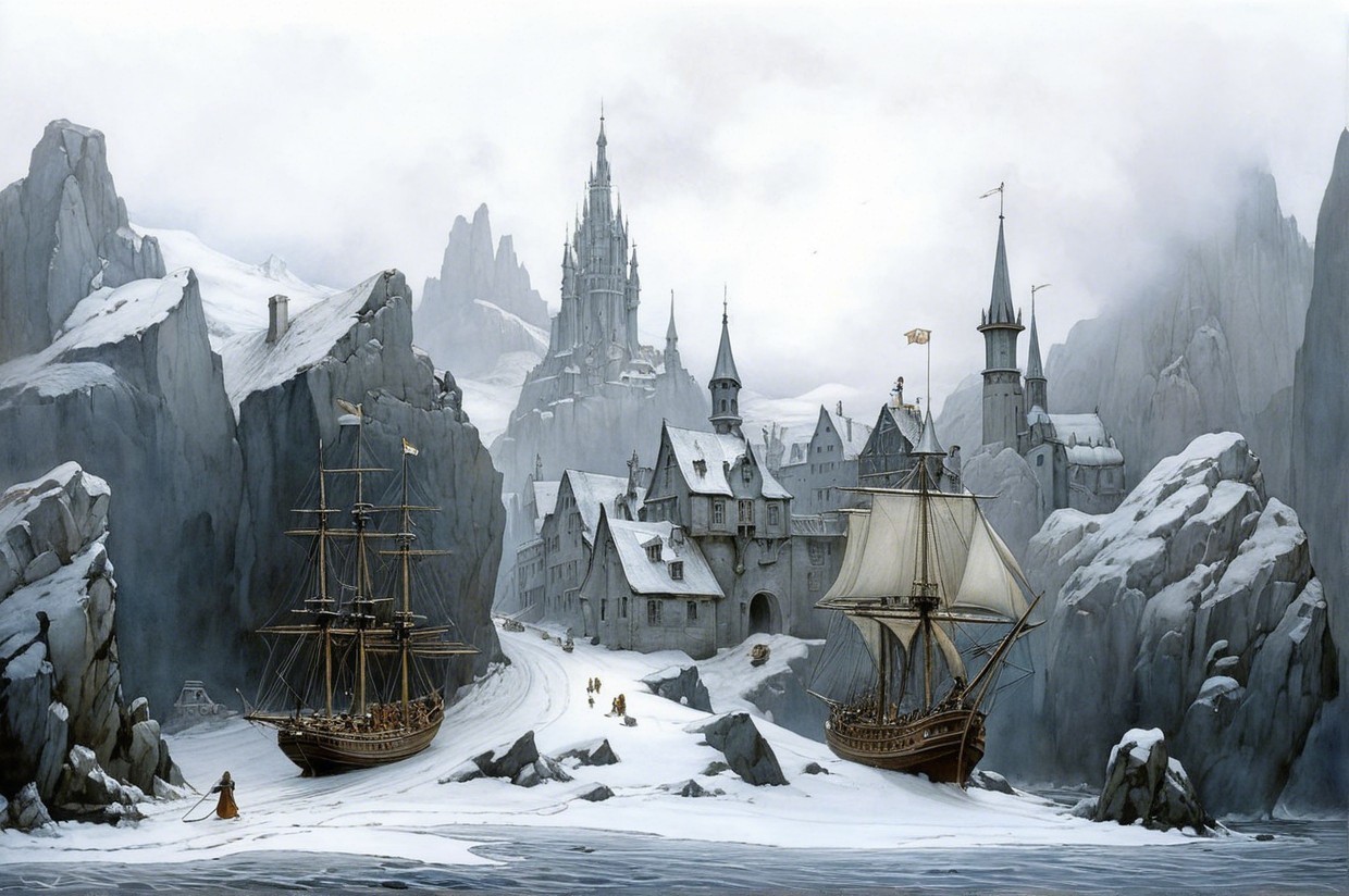 Mystical Winter Landscape with Sailing Ships and Village