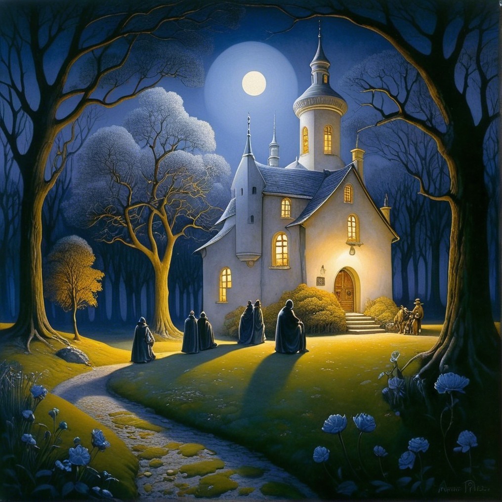 Moonlit Castle Scene with Cloaked Figures and Flowers