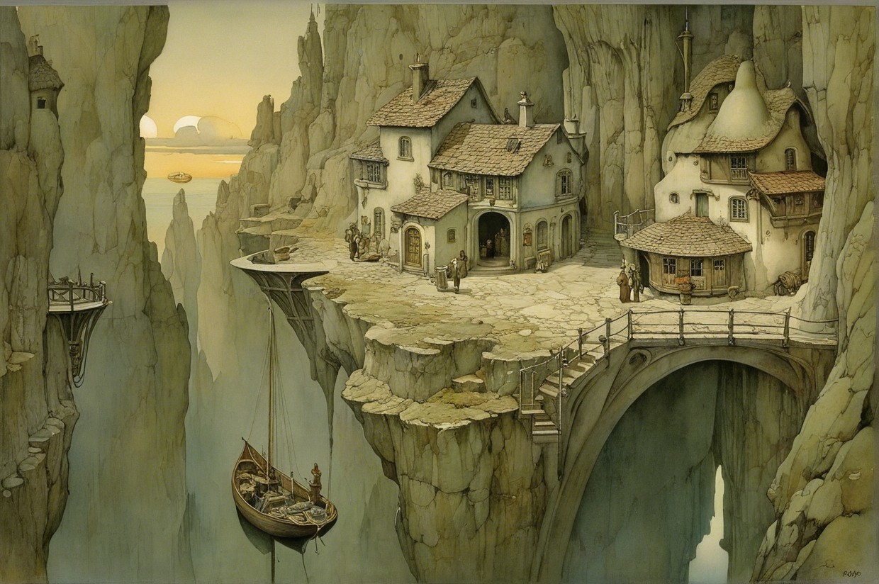 Whimsical Village on Cliffs with Unique Architecture