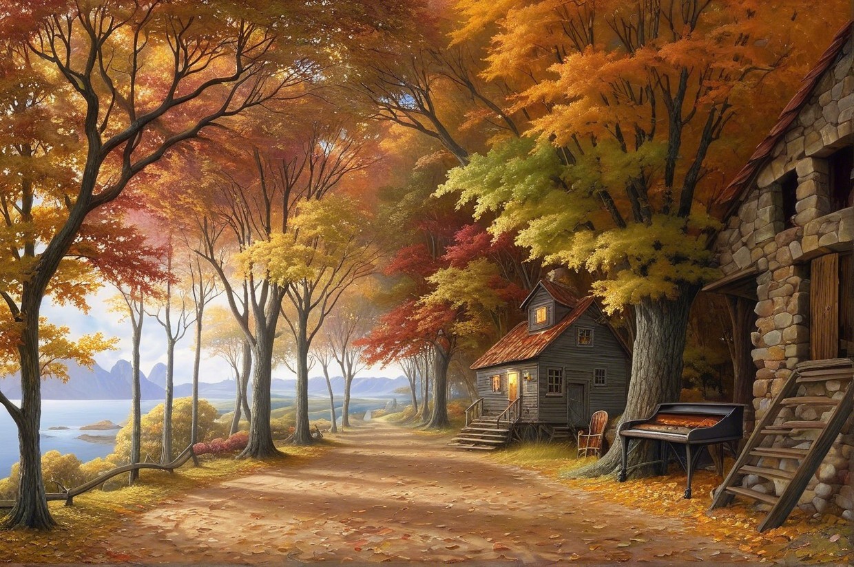 Autumn Landscape with Vibrant Trees and Cottage