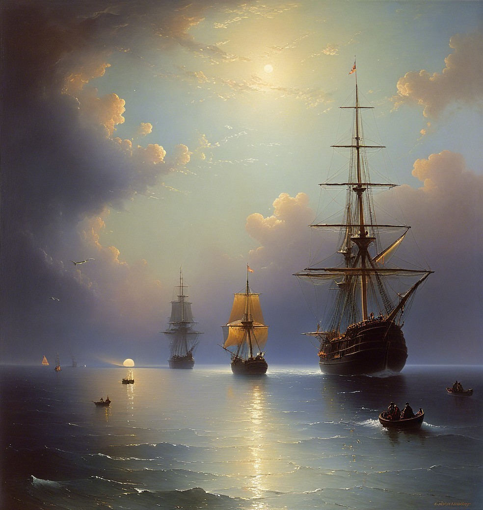 Tranquil Maritime Scene with Sailing Ships and Moonlight