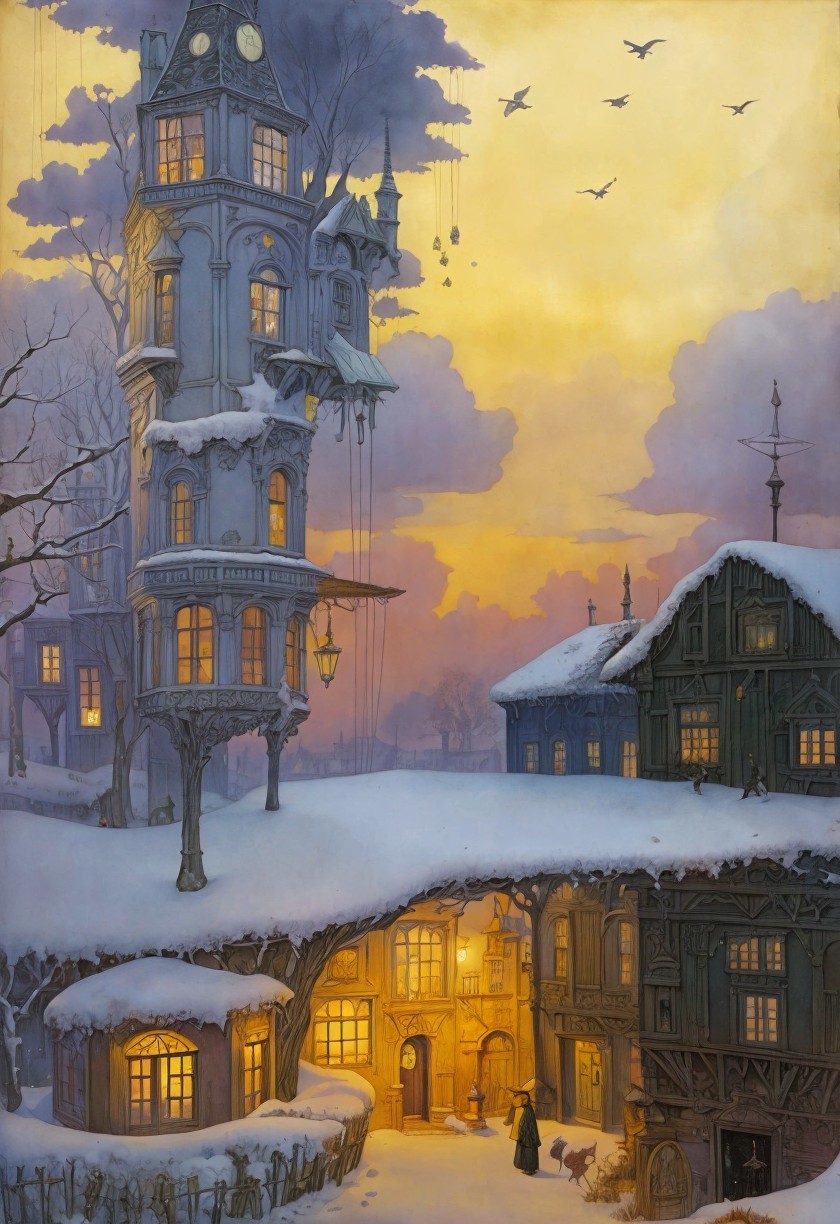 Whimsical Winter Village at Sunset with Snow and Light