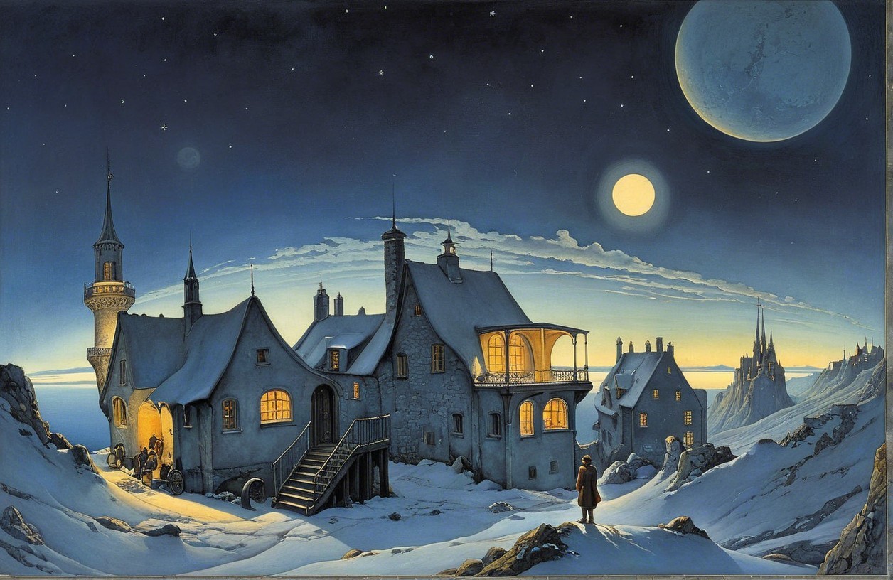 Winter Village Under Starlit Sky with Snowy Landscape