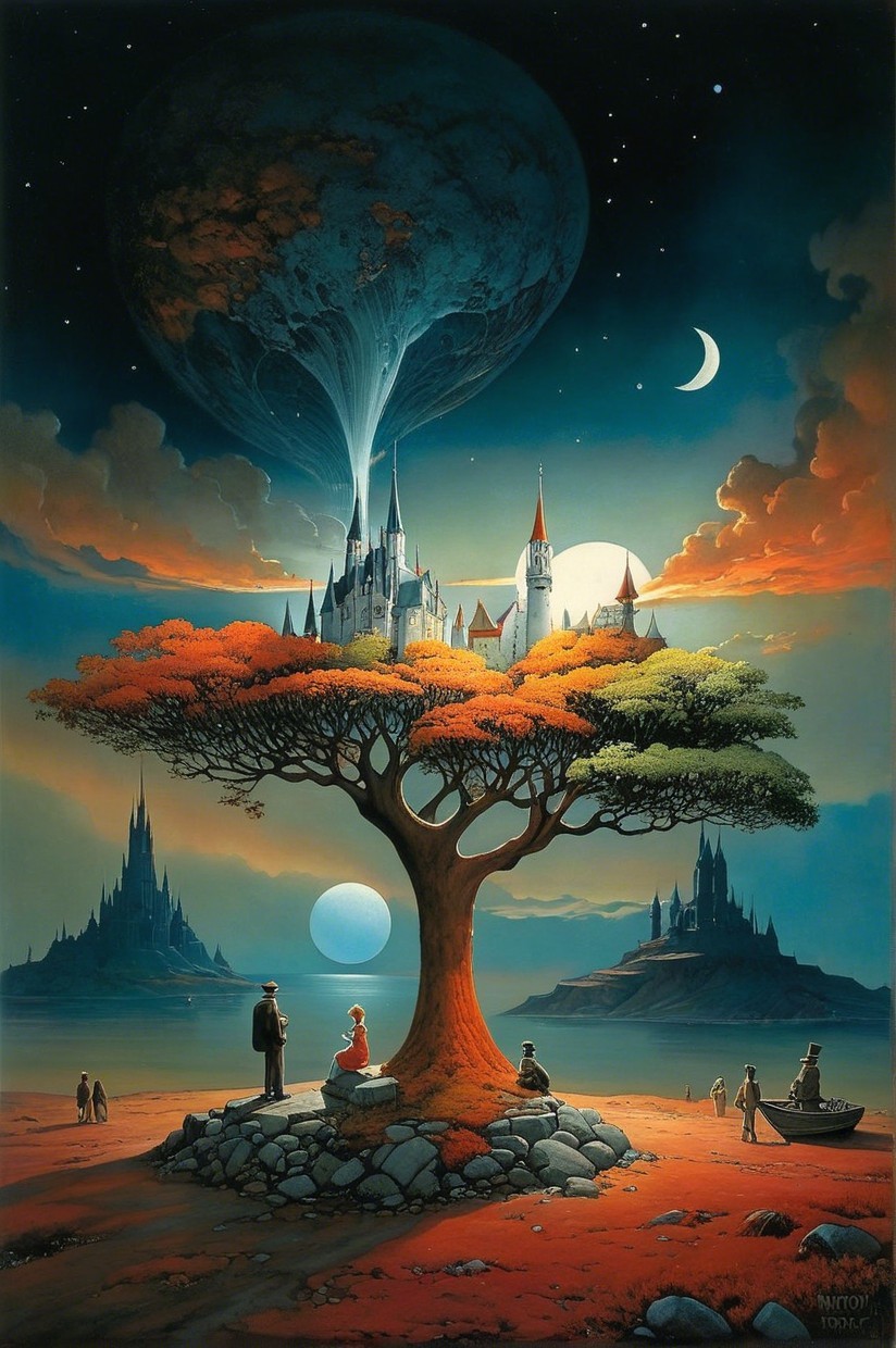Surreal Landscape with Vibrant Tree and Castle