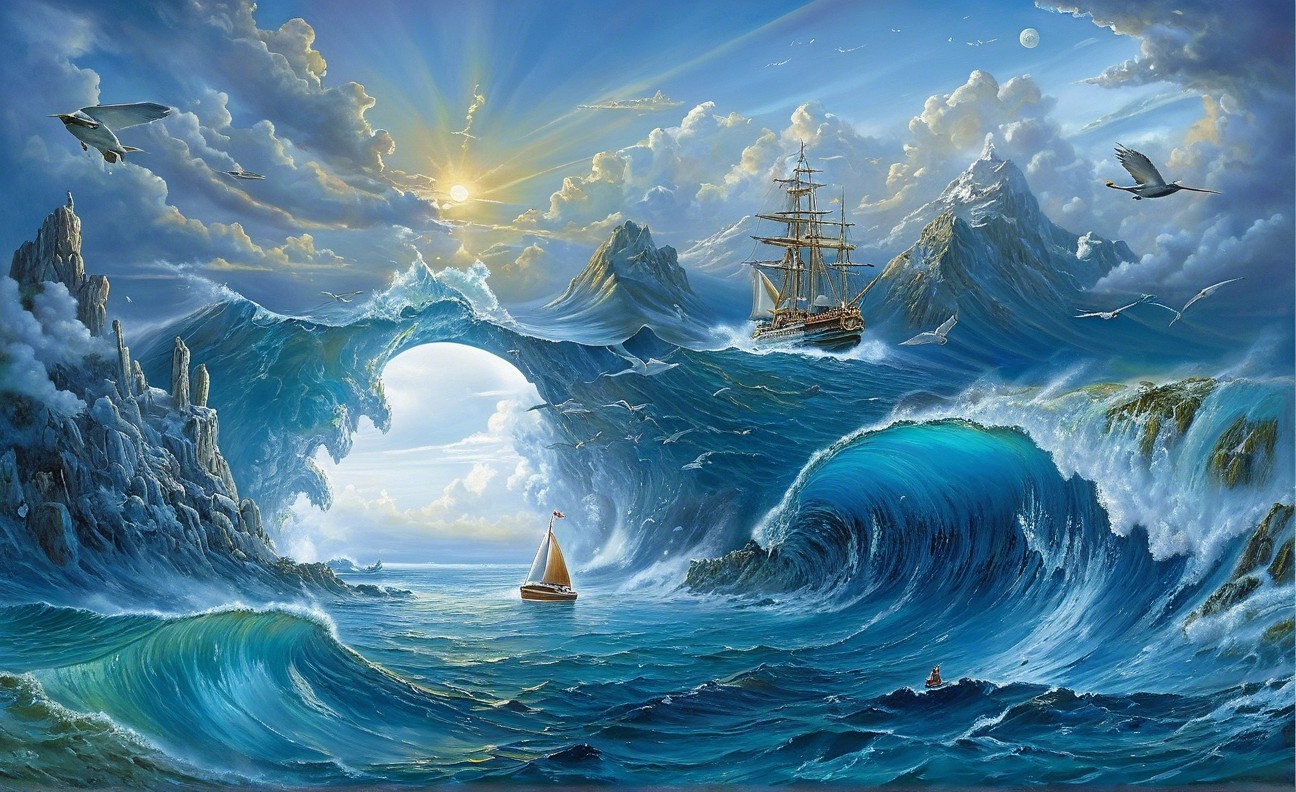 Dramatic Seascape with Waves and Majestic Ships
