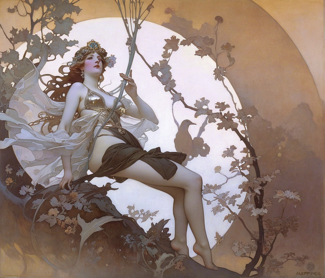 Serene Female Figure in Elegant Attire with Nature Themes