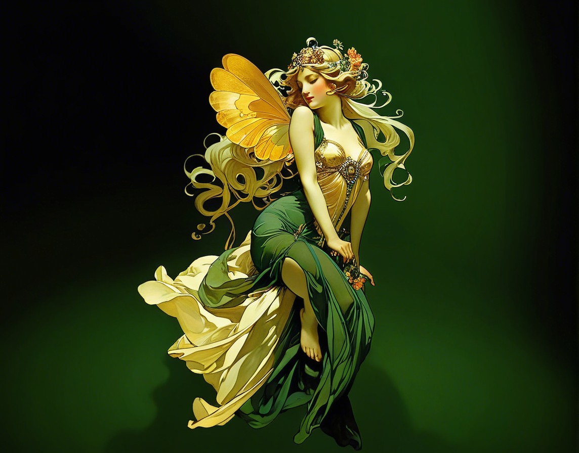 Fairy with Golden Hair Dances in Enchanting Setting