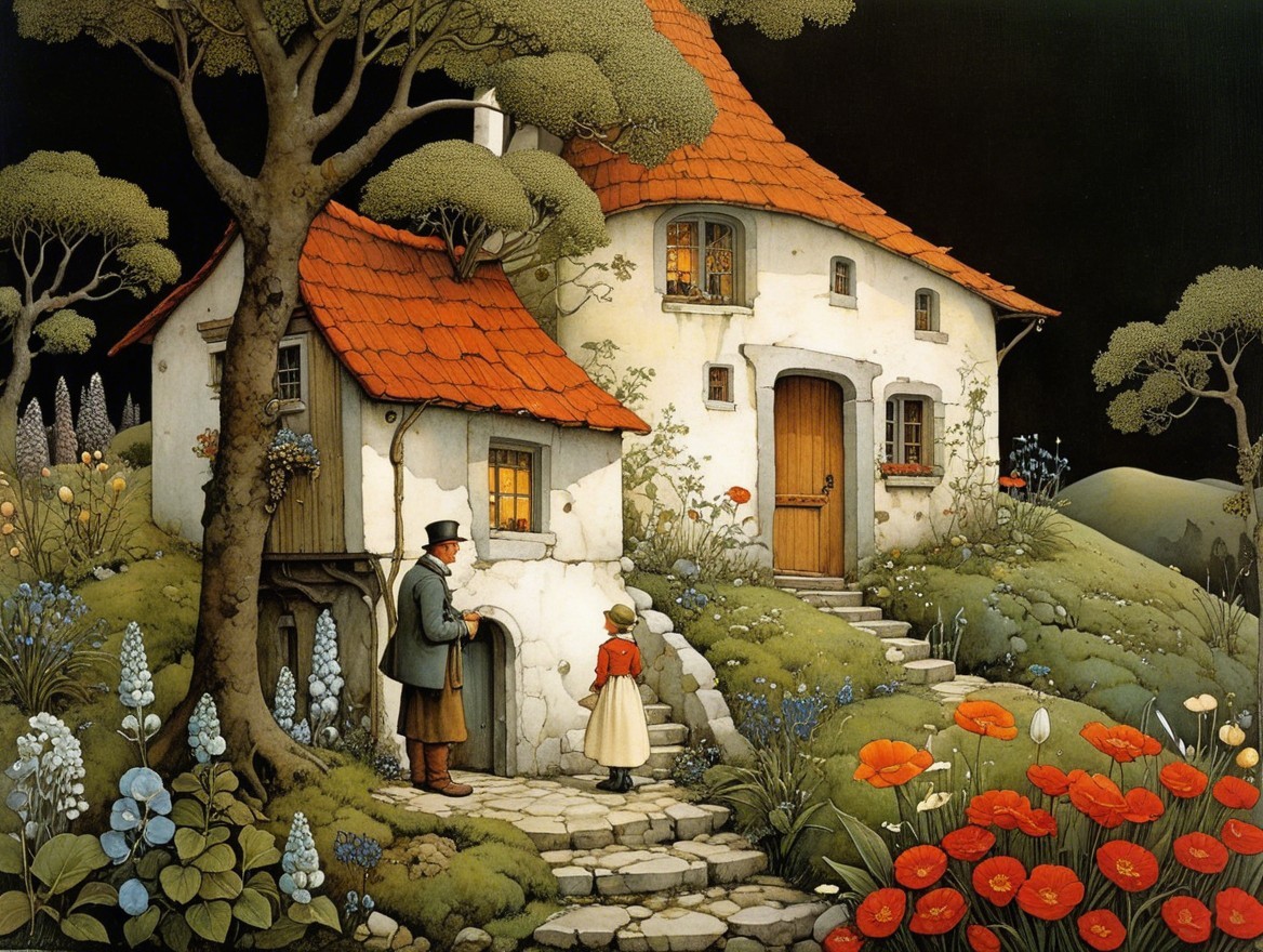 Charming Cottage Scene with Garden and Twilight Glow