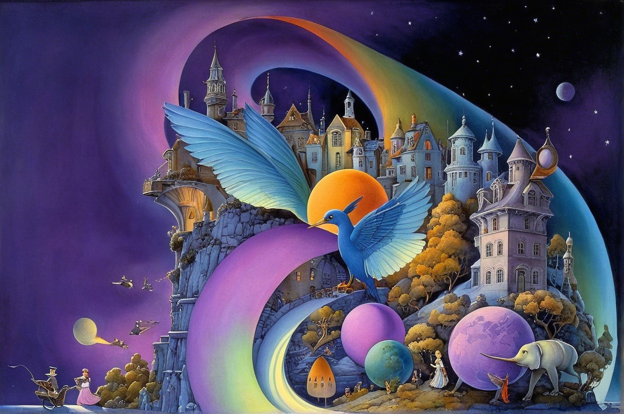 Vibrant Fantastical Landscape with Whimsical Elements