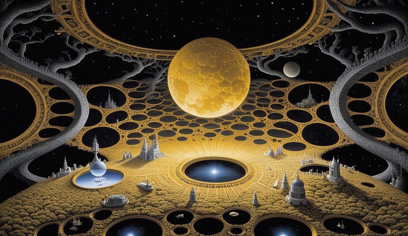 Surreal Landscape with Golden Structures and Celestial Elements
